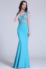 Elegant Cap Sleeves Beaded Blue Evening Gown