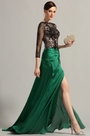 Robe de soirée longue drapée vert émeraude dentelle noire