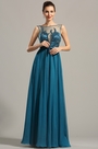 Robe de soirée longue plissée bleu broderie sans manche