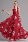 Red Halter Floral A Line Evening Dress