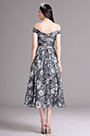 Black Print Off Shoulder Tea Length Cocktail Party Dress