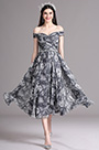 Black Print Off Shoulder Tea Length Cocktail Party Dress