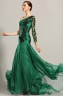 Dunkelgrün Ein Ärmeln Applikationen Abendkleid