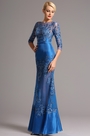 Robe de Soirée Manches Midi Broderie Perlée Formelle Bleu