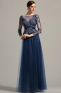 Long Sleeves Open Back Navy Blue Evening Dress Prom Dress