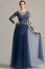 Long Sleeves Open Back Navy Blue Evening Dress Prom Dress