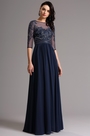 Robe de soirée longue bleu marine bijoutée mi-manches