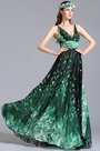 robe de soirée longue verte imprimé col en V