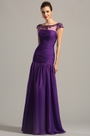 Beaded Capped Sleeves Purple Formal Gown Evening Dress