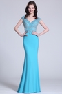 Elegant Cap Sleeves Beaded Blue Evening Gown
