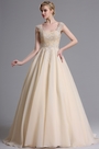 Beige Lace Appliques Sweeping Prom Evening Dress