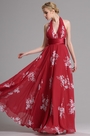 Red Halter Floral A Line Evening Dress