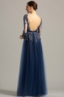 Long Sleeves Open Back Navy Blue Evening Dress Prom Dress