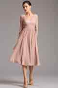 Robe cocktail/fête midi col en V manches dentelle  Brun Rosé