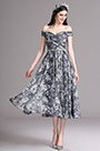 Black Print Off Shoulder Tea Length Cocktail Party Dress