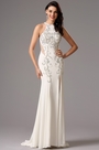 Halter Neck Side Slit Illusion Back White Formal Gown