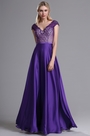 Robe de Soirée V Col Broderie Bijoux Perlés Violet