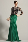 Robe de soirée longue drapée vert émeraude dentelle noire