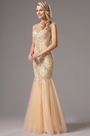 Robe de soirée/bal sirène beige bijoutée dos nu