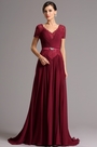 Short Lace Sleeves V Neck Burgundy Mother of the Bride Dress