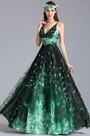 robe de soirée longue verte imprimé col en V