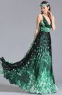 robe de soirée longue verte imprimé col en V