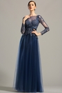 Long Sleeves Open Back Navy Blue Evening Dress Prom Dress