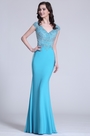 Elegant Cap Sleeves Beaded Blue Evening Gown