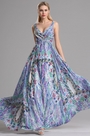 Two Straps V Neck Printed A Line Prom Evening Dress