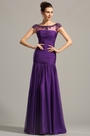 Beaded Capped Sleeves Purple Formal Gown Evening Dress