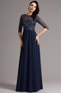 Robe de soirée longue bleu marine bijoutée mi-manches