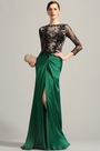 Robe de soirée longue drapée vert émeraude dentelle noire