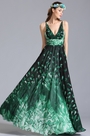 robe de soirée longue verte imprimé col en V