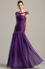 Beaded Capped Sleeves Purple Formal Gown Evening Dress