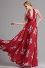 Red Halter Floral A Line Evening Dress