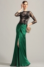 Robe de soirée longue drapée vert émeraude dentelle noire