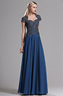 Navy Blue Cap Sleeves Beaded Prom Evening Dress