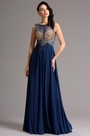 Robe de Soirée Luxueux Bleu Foncé avec tous Perles de Bodice
