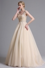 Beige Lace Appliques Sweeping Prom Evening Dress