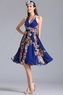 Halfter Ausschnitt Knielang Kleid Sommer Blumenkleid