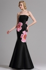 Floral Embroidery Strapless Black Prom Dress
