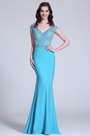 Elegant Cap Sleeves Beaded Blue Evening Gown