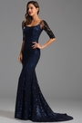 Robe de soirée sirène avec manches midi en dentelle bleu