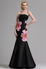 Floral Embroidery Strapless Black Prom Dress