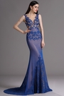 Blue Plunging Evening Dress with Lace Appliques