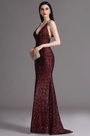 Spaghetti Halter V Neck Burgundy Sequins Prom Dress
