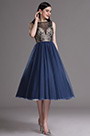 Blue Embroidery Tea Length Formal Party Dress