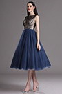 Blue Embroidery Tea Length Formal Party Dress