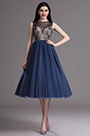Blue Embroidery Tea Length Formal Party Dress