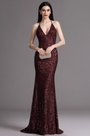 Spaghetti Halter V Neck Burgundy Sequins Prom Dress